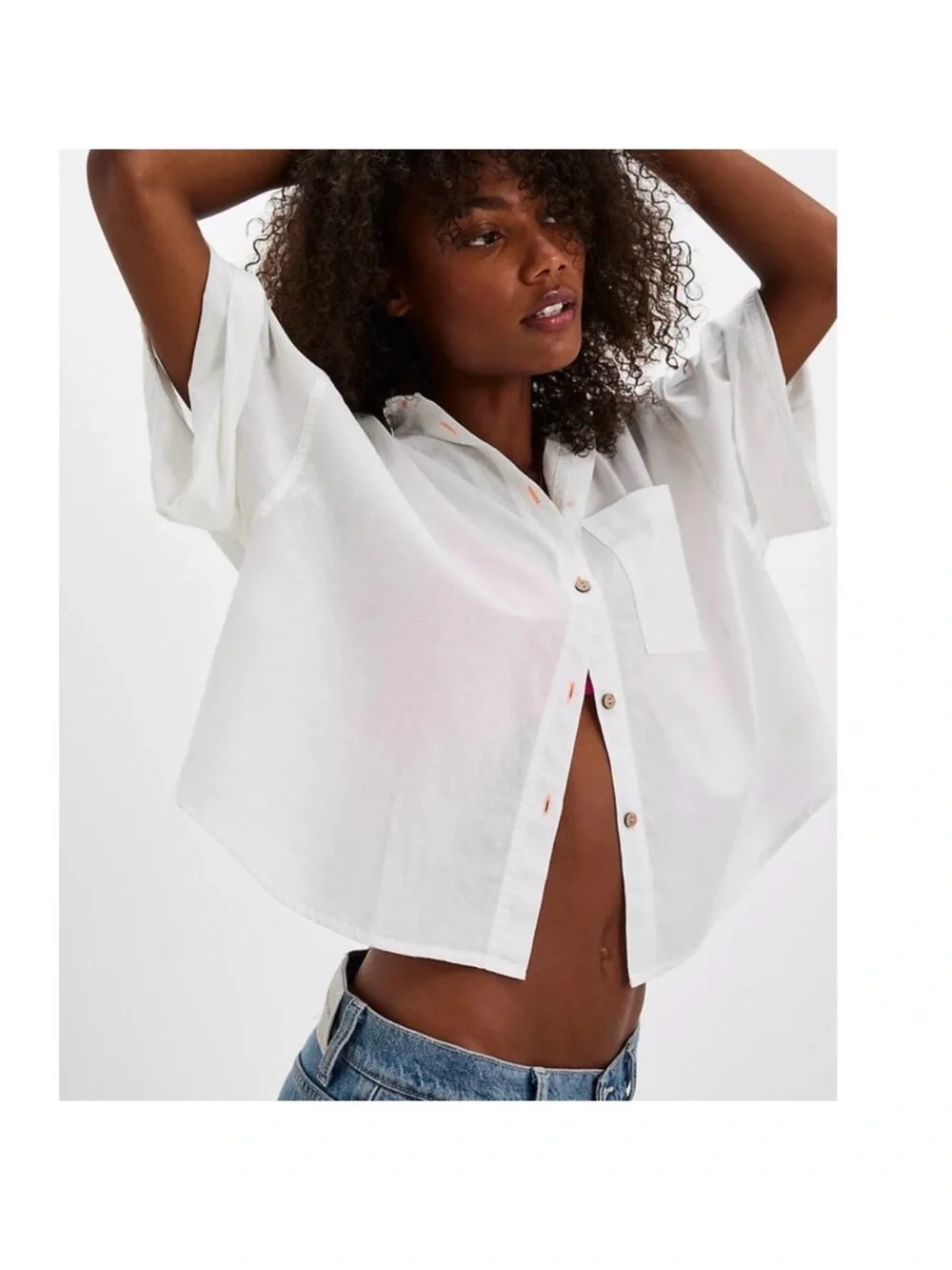 Free People White Wide-Leg Button-Front Pants with Elastic Waist and Top
